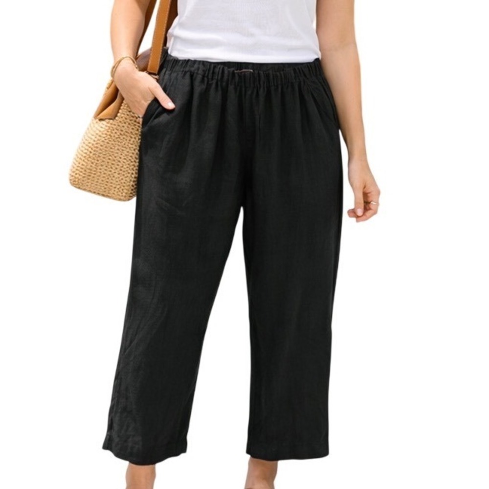 Quince Women's 100%‎ European Linen Elastic Waist Pull On Casual Pants Black XL